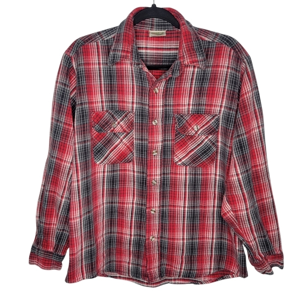 Vintage 80s Five Brother Mens Flannel Plaid Tartan Shirt Size Large in Red White